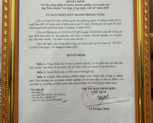 CTY CP LHQT Hải Vân Cát nhận Bằng khen đạt tiêu chuẩn “An toàn về an ninh trật tự